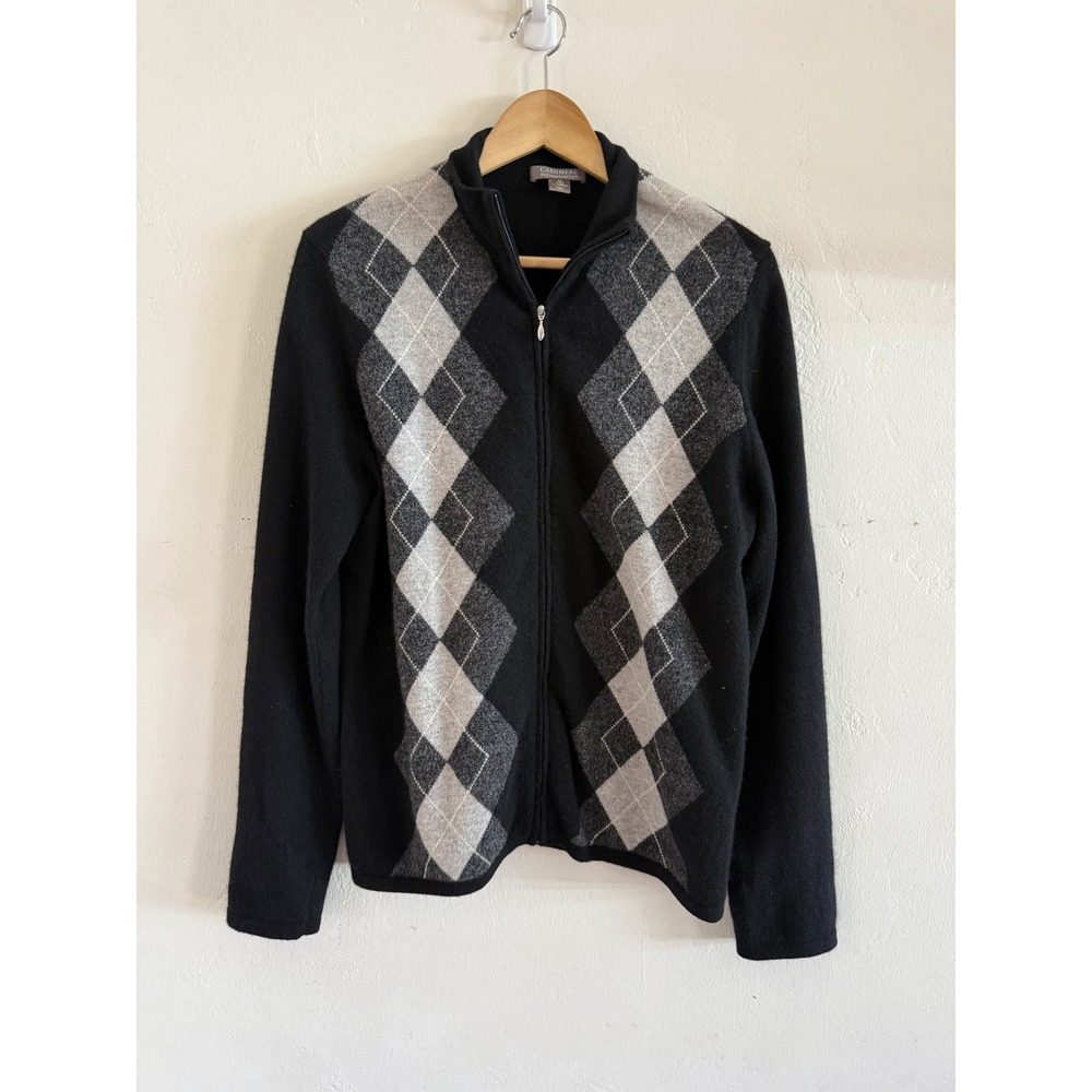 Charter Club Mens Cashmere Argyle Full Zip Sweater Black Grey Mock Neck Medium